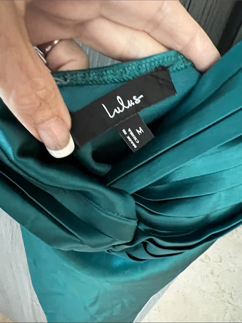 NWT LULUS Narina Strapless Twist-Front Satin Mini Dress Teal M - Picture 8 of 11